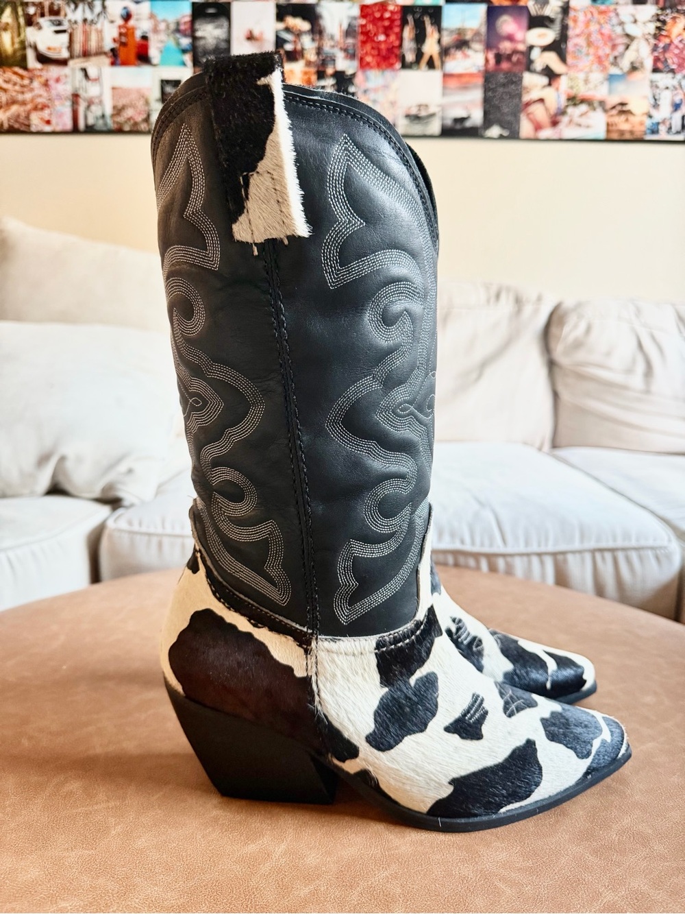 NWOT Steve Madden West Black White Pull On Block Heel Cowhide Cowboy Boot - Picture 2 of 12